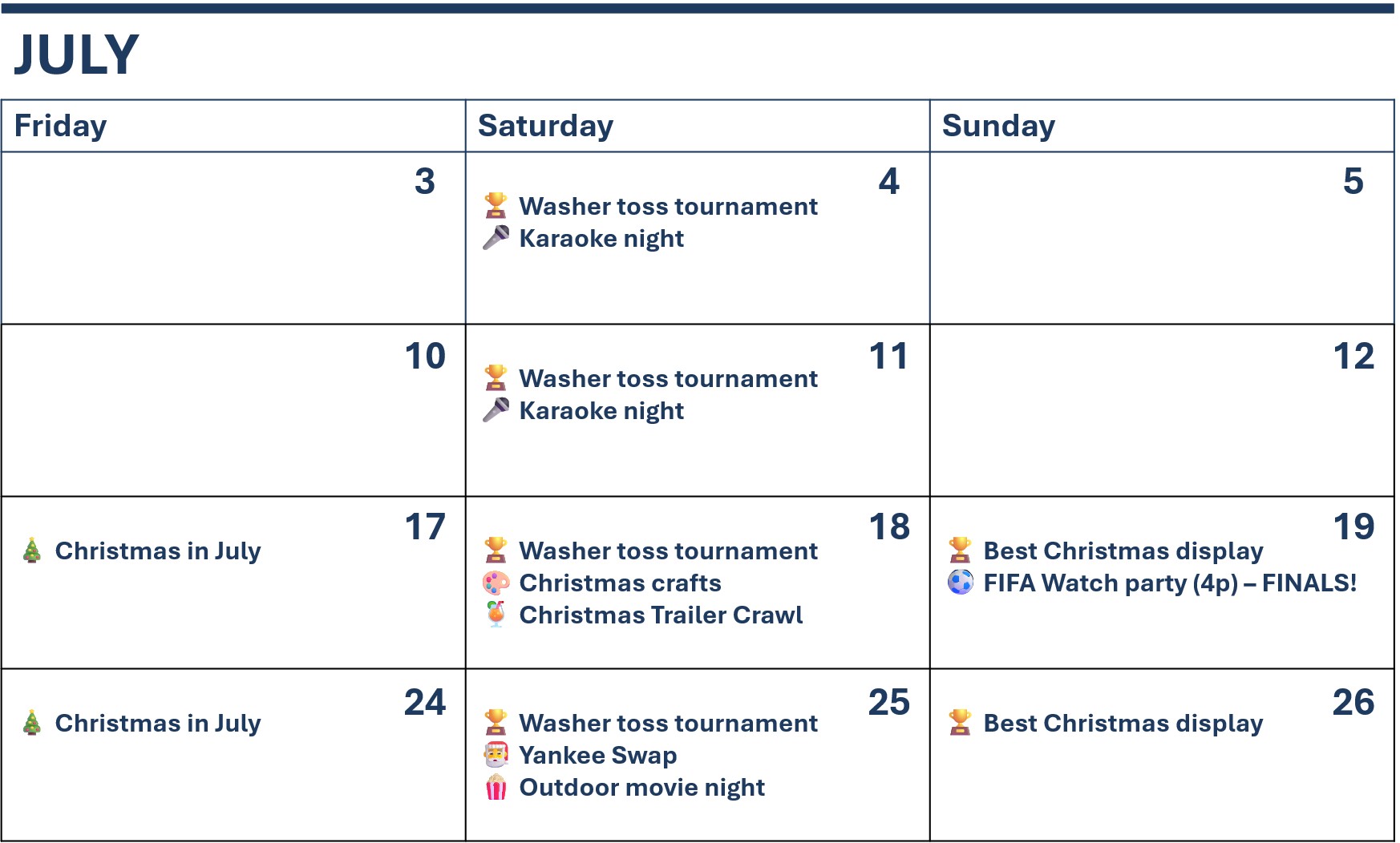 Calendar of events for July 2026 at Coy Lake Camping including washer toss tournaments, karaoke, Christmas in July fun and more